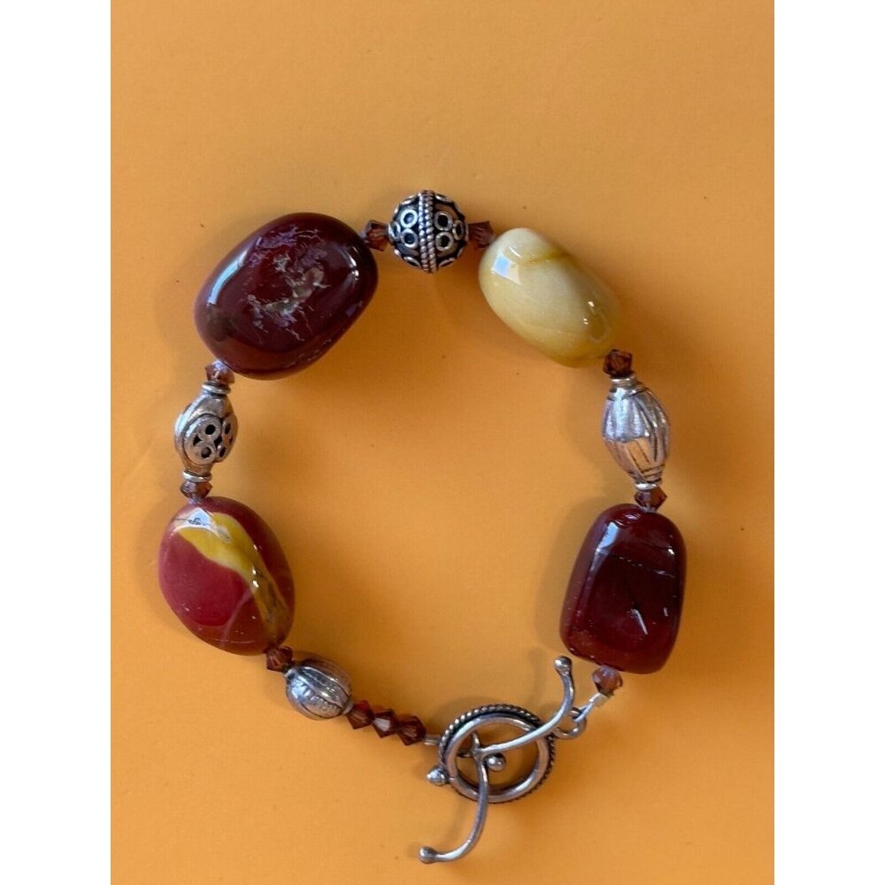 Artisan Gemstone Mookite Jasper Orca Agate Canelian Stone Silverplate Bracelet - Picture 5 of 5